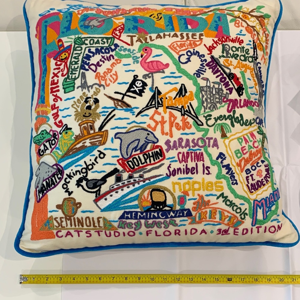 Studio Catstudio Cream Pillow with Blue Trim and Pink Tag